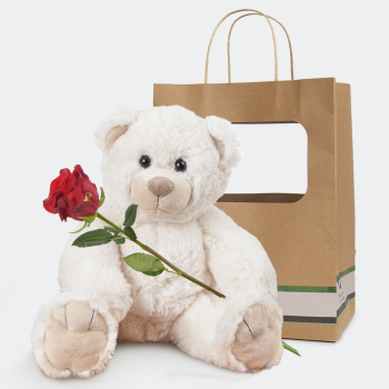 Witte knuffel met rode roos